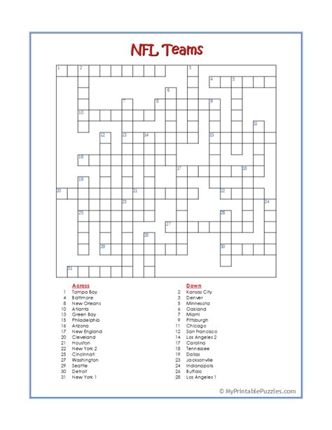 Nfl Football Crossword Puzzles Printable